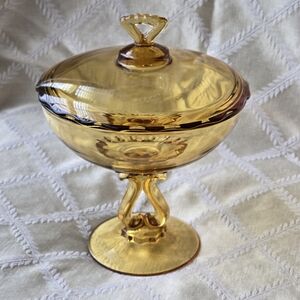 Amber Glass Pedestal Covered Dish